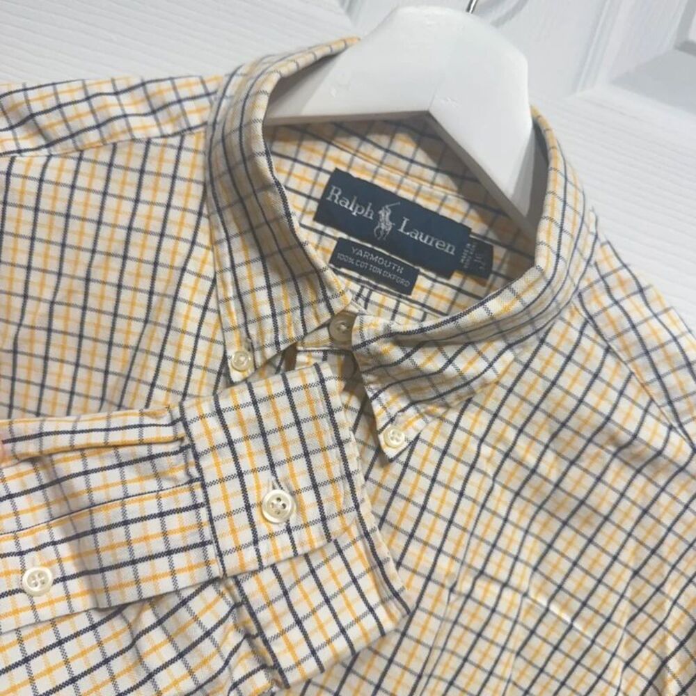 Ralph Lauren Shirt Men 16 34 35 Yellow Blue White Plaid Yarmouth Oxford